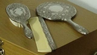 Vintage Ornate Sterling Silver 3 Piece Dresser Set Mirror Brush Comb