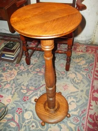 Antique Tiger Oak Plant Stand With Wooden Ball Feet