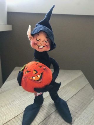 Signed Vintage Annalee Doll 1997 97 Black Elf With Pumpkin Halloween Decorate