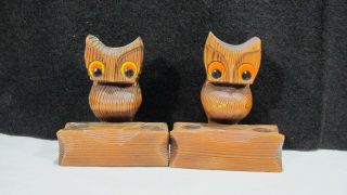 Vintage Wood Cryptomeria Owls Handcrafted By Green Mountain Montana