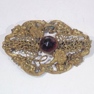 Antique Art Nouveau Era Large Floral Brass Sash Pin Brooch Amethyst Glass Stone