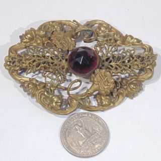 Antique Art Nouveau era large floral brass sash pin brooch amethyst glass stone 2