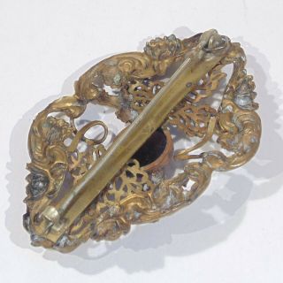 Antique Art Nouveau era large floral brass sash pin brooch amethyst glass stone 3