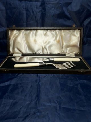 Vintage Large Silver Plated Fish Server Knife And Fork In Leather Case
