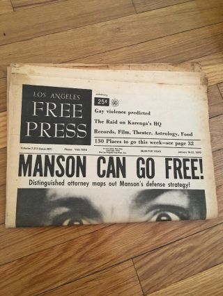 Los Angeles Press Manson Can Go January 1970.  Charles Manson Very Rare