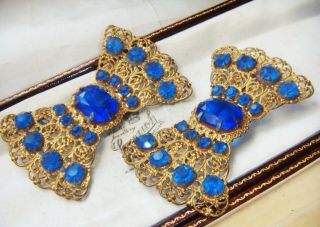 Antique Art Deco Jewellery Rare Pair Czech Filigree Sapphire Paste Bow Brooch
