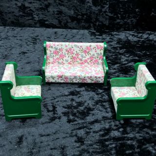 Calico Critters Sylvanian Families Vintage Green Arm Chairs And Settee Rare Htf