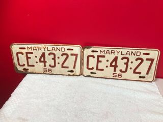 Set Of 2 Matching Rare Vintage Antique 1956 Maryland License Plates