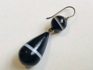 Antique Victorian Silver Banded Agate Drop Earring