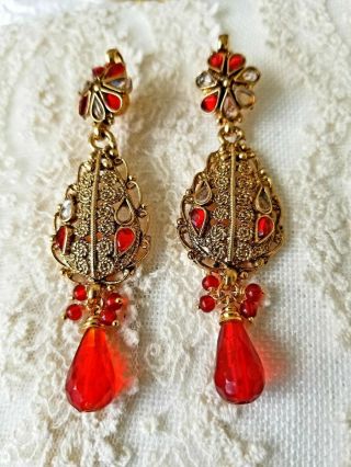Vintage Earrings Faceted Red Glass Antique Victorian Style Pierced Back