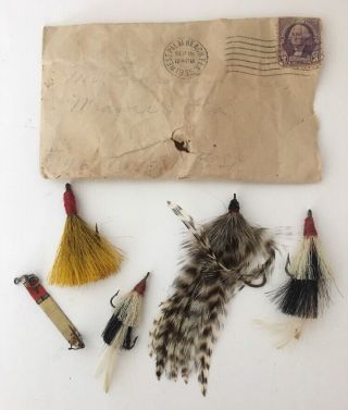 5 Vintage 1930s Fishing Lures In Old Envelope Feathers Estate Find