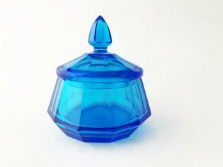 Vintage Mid Century Modern Blue Glass Trinket Jewelry Jar Lid Czechoslovakia