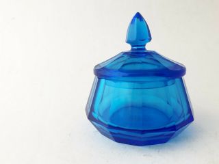 Vintage Mid Century Modern Blue Glass trinket jewelry jar lid Czechoslovakia 2