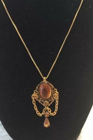 Antique Vintage Brass Gold Tone Yellow Amber Glass Stone Necklace With Pendant