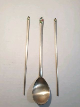 Vintage Korean Ag800.  800 Silver Chopsticks & Spoon Multi Colors Enamel Flower