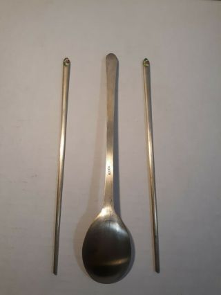 Vintage Korean AG800.  800 Silver Chopsticks & Spoon Multi Colors Enamel Flower 3