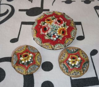 Vintage Italy Micro Mosaic Tile Flower Brooch Pin And Earring Set