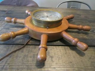 Vintage Ships Wheel Nautical Clock Rare Marshalltown Usa Brass Wood Gauge Usa