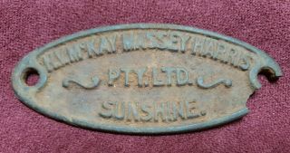 Antique Brass H V Mckay Massey Harris Pty Ltd Sunshine Tractor Plaque