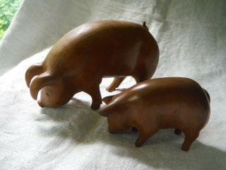 Antique Vintage Hand - Carved Pig Figurines (2) Large/small Pair,  Signed – Vgc