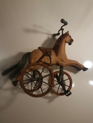 Antique Hand Carved Horse On A Tricycle Toy Leather Saddle
