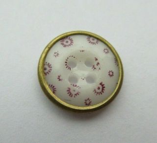 Small Antique Vtg 19th C Metal Rimmed China Calico Button 1/2 " (b)