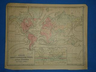 Vintage 1869 World Ocean Currents & Basins Map Old Antique Atlas Map