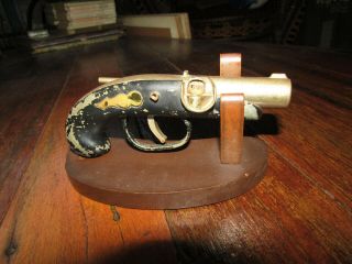 Antique Cigarette Lighter - Miniature Flintlock Pistol Style - On A Wooden Stand