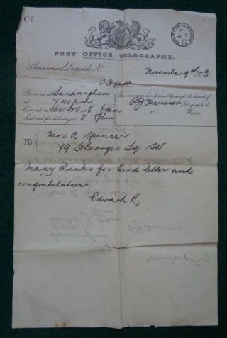 Antique Royal Telegram Birthday King Edward Vii 1903 Sandringham Anne Spencer