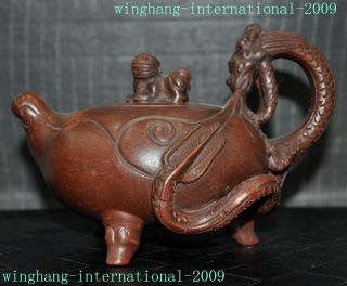 Rare Old Chinese Yixing Zisha Pottery Carved Dragon Beast Statue Teapot Tea Set