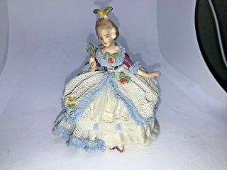 Antique Dresden Porcelain Lady Figurine Lace Dress,  Made In Germany