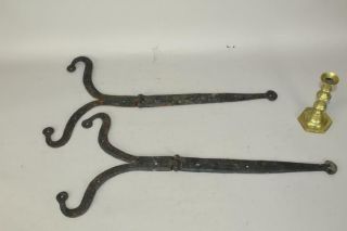 A Rare Pair 18th C Pennsylvania Hand Forged Wrought Iron Strap Hinges Old Paint
