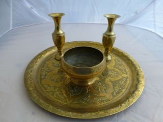 Large Vintage Indian Brass Tray 2 X Vase And Bowl Set 35 Cm Diameter
