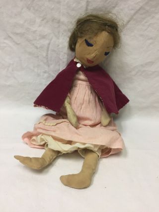 Antique Handmade Cloth Doll Real Human Hair Embroidered Face 17”