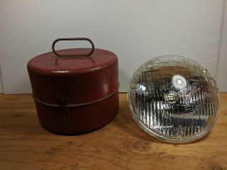 Vintage 7 " Round Spare Headlight/bulb Kit W/tin Case Rare Auto Memorabilia