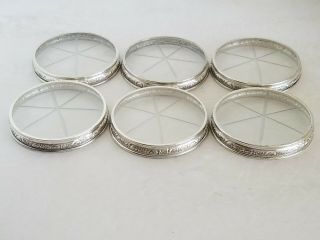 6 Vintage Repouse Sterling Silver Etched Glass Coasters 164.  1 Grams