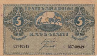 5 Marka Fine Banknote From Estonia 1919 Pick - 45 Rare