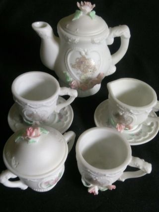Vintage Precious Moments Miniature Porcelain Tea Set 9 Piece Rare 1997
