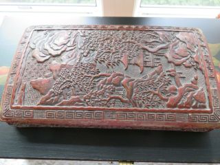19th Century Chinese Intricate Cinnabar Red Lacquerware Covered Scholar Box