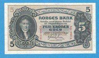 Norway Norges 5 Kronor 1942 Rare Series V0261772