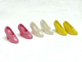 3 Pairs Vintage Barbie Doll Shoes Chunky High Heels W/ Bows,  White,  Pink,  Yellow