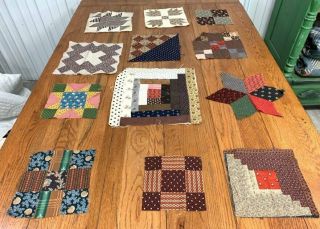 Antique Grouping Of Quilt Blocks 1800s Pre Civil War Fabs Prussian Blue Browns