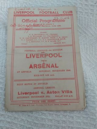 Liverpool Fc V Arsenal Div1 November 23rd 1946 And Very Rare