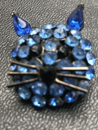 Old Antique Vintage Rare Blue Rhinestone Kitty Cat Brooch Pin