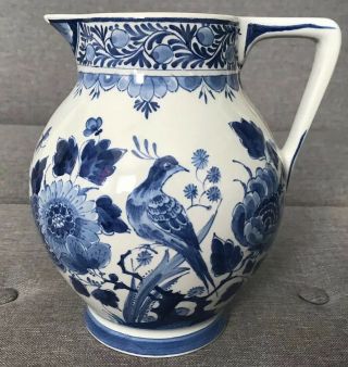 Blue & White Hand Painted Delft Pitcher Holland 8.  25” Tall Antique Or Vtg