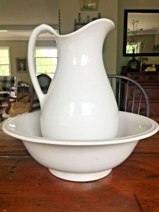 Vintage Simple White Ironstone Pitcher And Basin / Bowl Unmarked - Farmhouse