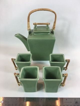 Vintage Chinese Jade Green Pottery Tea Set With Bamboo Handles By Joyce Chen