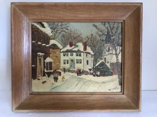Vintage Winter Village Snow Scene Oil Painting On Board 8 X 10”