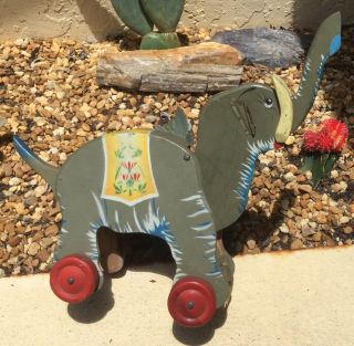 Cute Early Antique Folk Art Pull Toy Wooden Elephant With Wheels