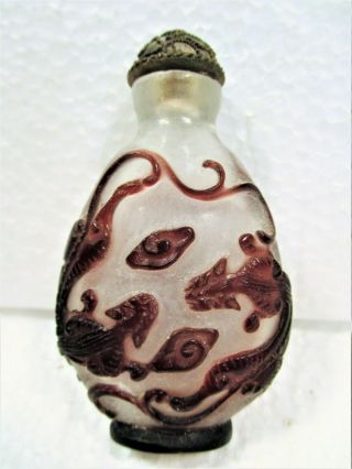 Chinese Peking Cameo Glass Snuff Bottle Dragon & Baby Dragons Maroon On Opaque